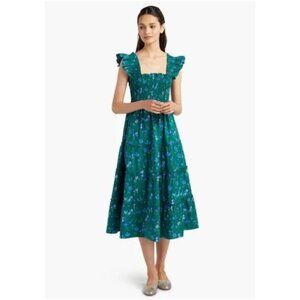 Hill House Womens Sleeveless Smocked Dress Green Floral Size XS/Small